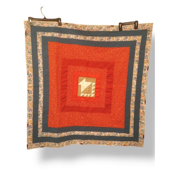 Vintage 1950s Squar Block Scrap Quilt BluePink Patchwork Newspaper Back 40"x41"W - Picture 1 of 4